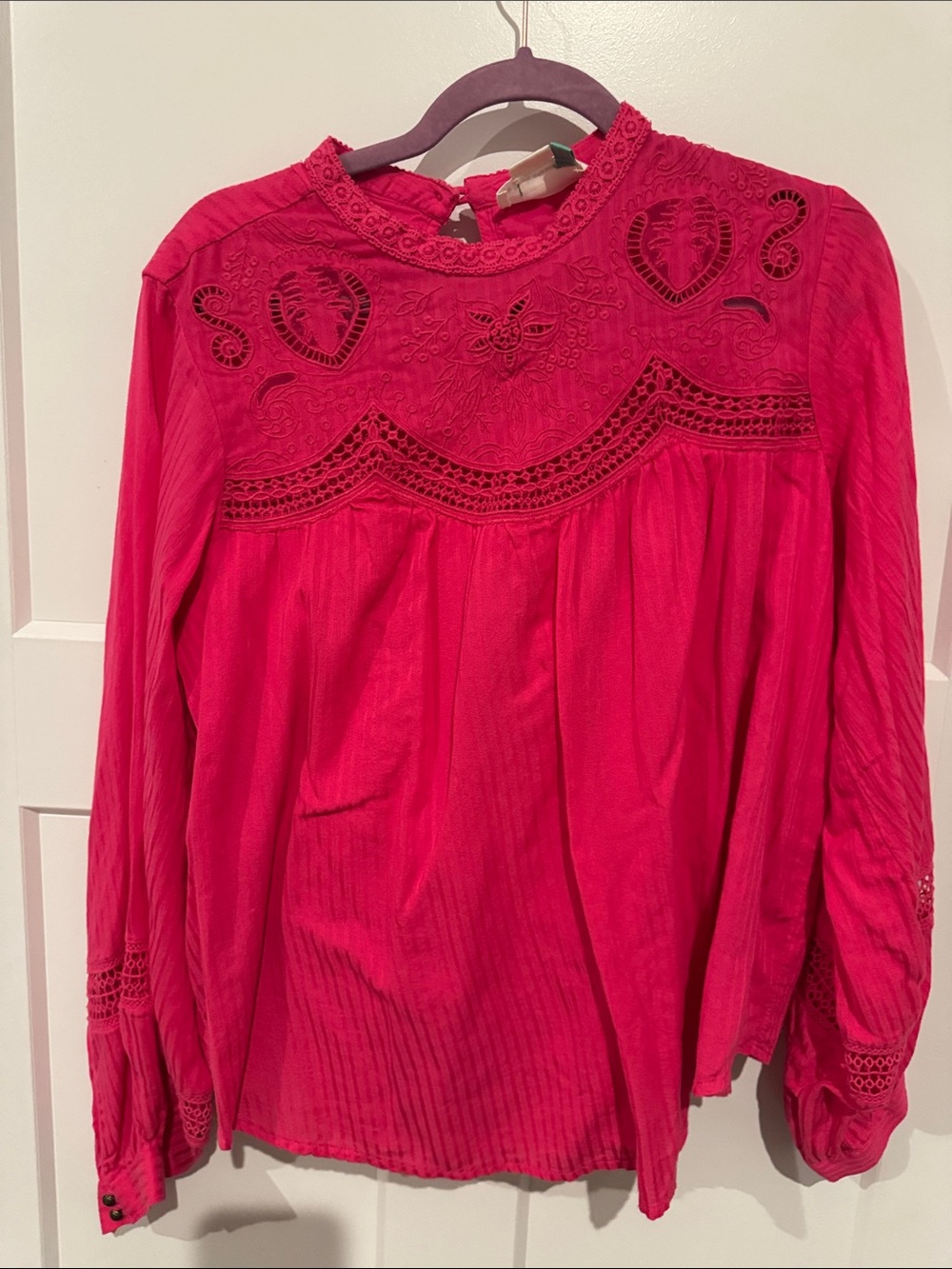 Anthropologie Fuchsia Embroidered Long-Sleeve Blouse